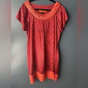 CYNTHIA STEFFE women’s dress size 12 orange pattern silk short sleeve euc